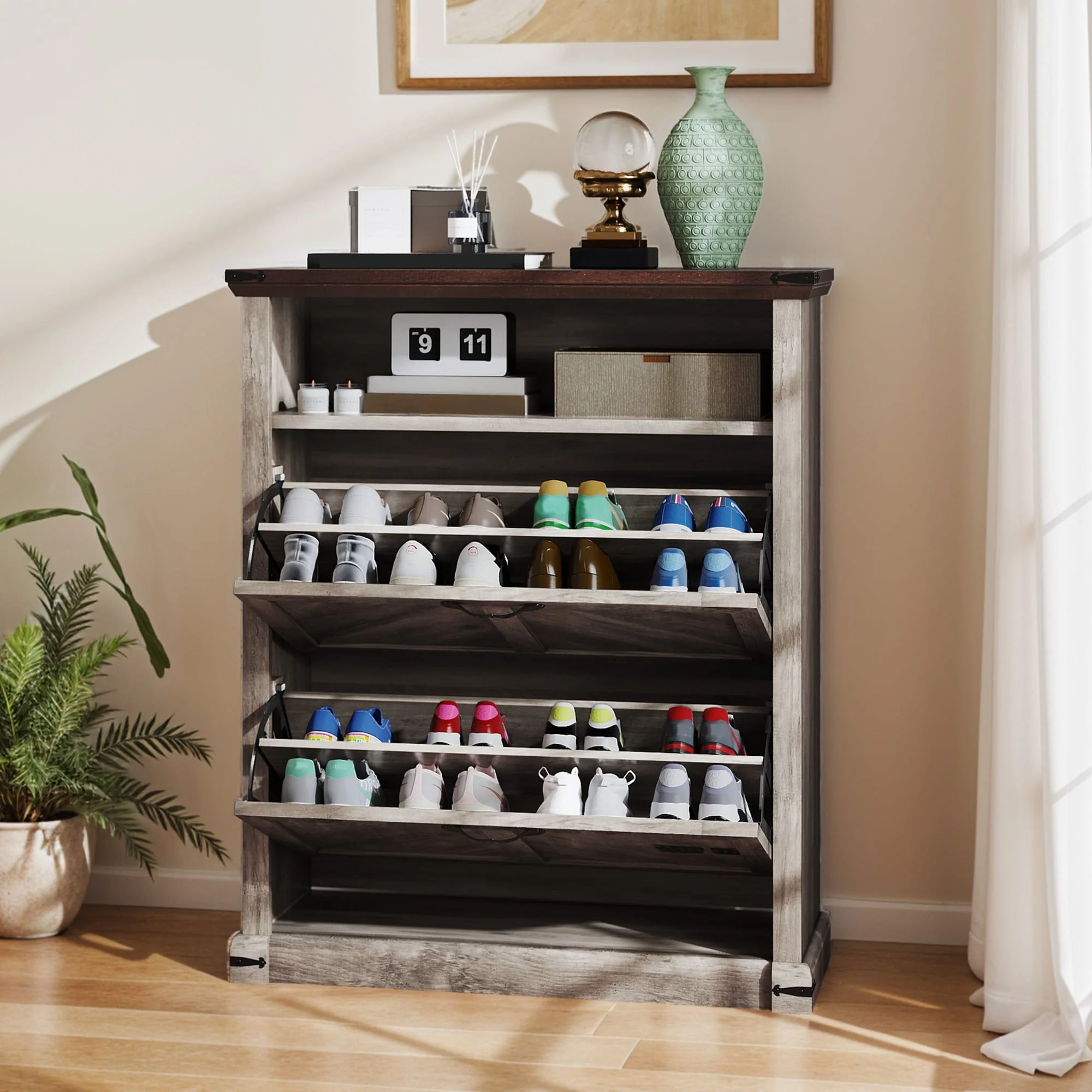 Moasis Farmhouse 16 Pairs Shoe Storage Cabinet with 2 Drawers Adjustable Shelves