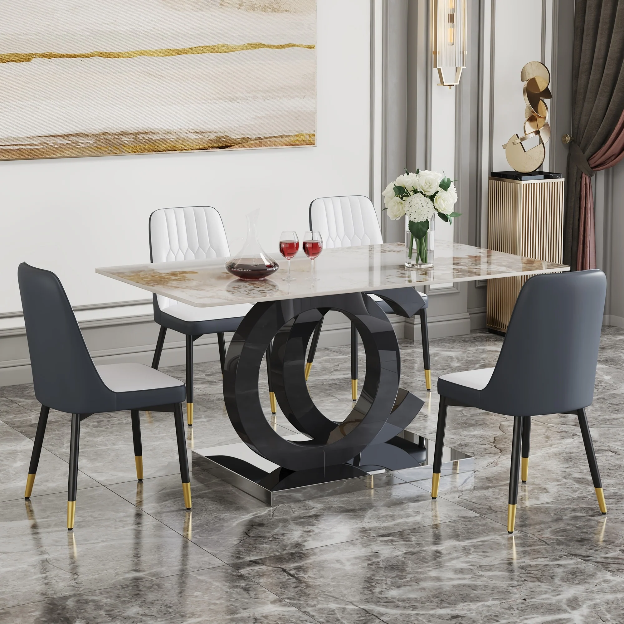Modern Marble Pattern Sintered Stone Dining Table Set with OC-Shaped Base and PU Leather Upholstered Chairs