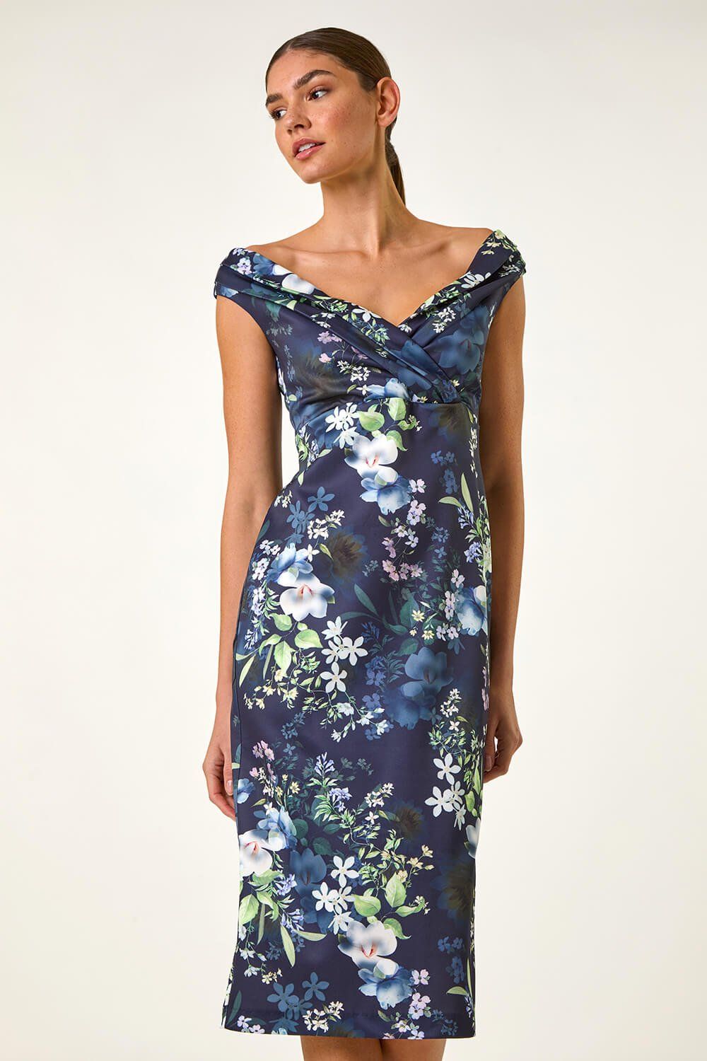 Roman Floral Print Bardot Stretch Midi Dress