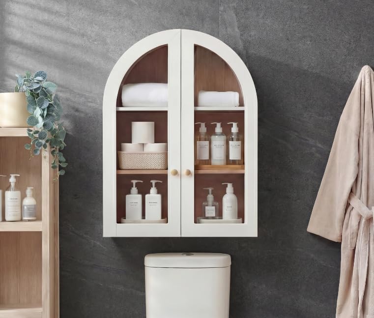 Bathroom Arched Wall Cabinet, 23.5'' Wide Medicine Cabinet, Bathroom Cabinet Wall Mount with Glass Doors & Adjustable Shelves, Over The Toilet Storage Cabinet for Laundry Room, Bedroom,Kitchen, White