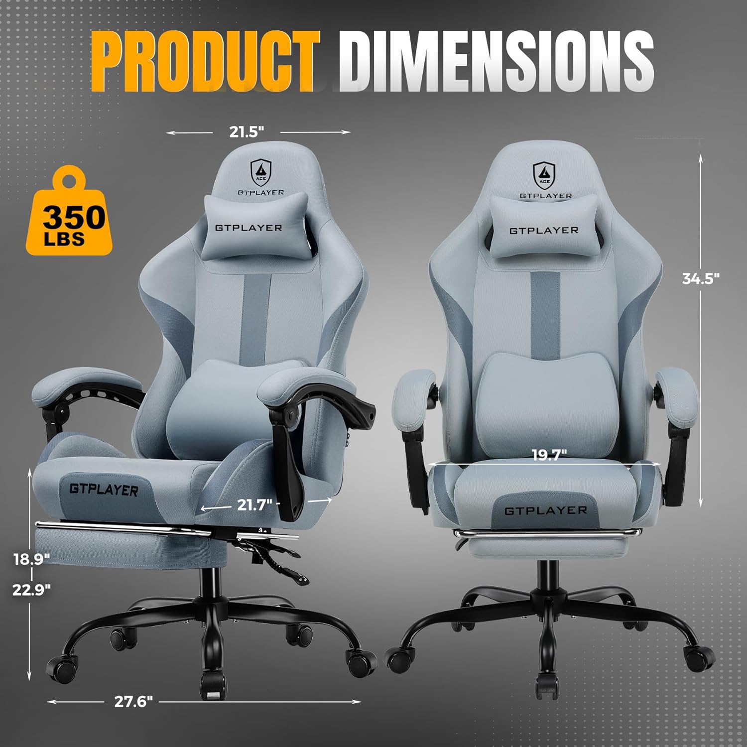 GTPLAYER Gaming Chair with Foot Rest & Pocket Spring Cushion, Breathable Fabric for Home Office Desk, Ergonomic High Back Computer Chair with Headrest & Lumbar Support, Blue/Gray