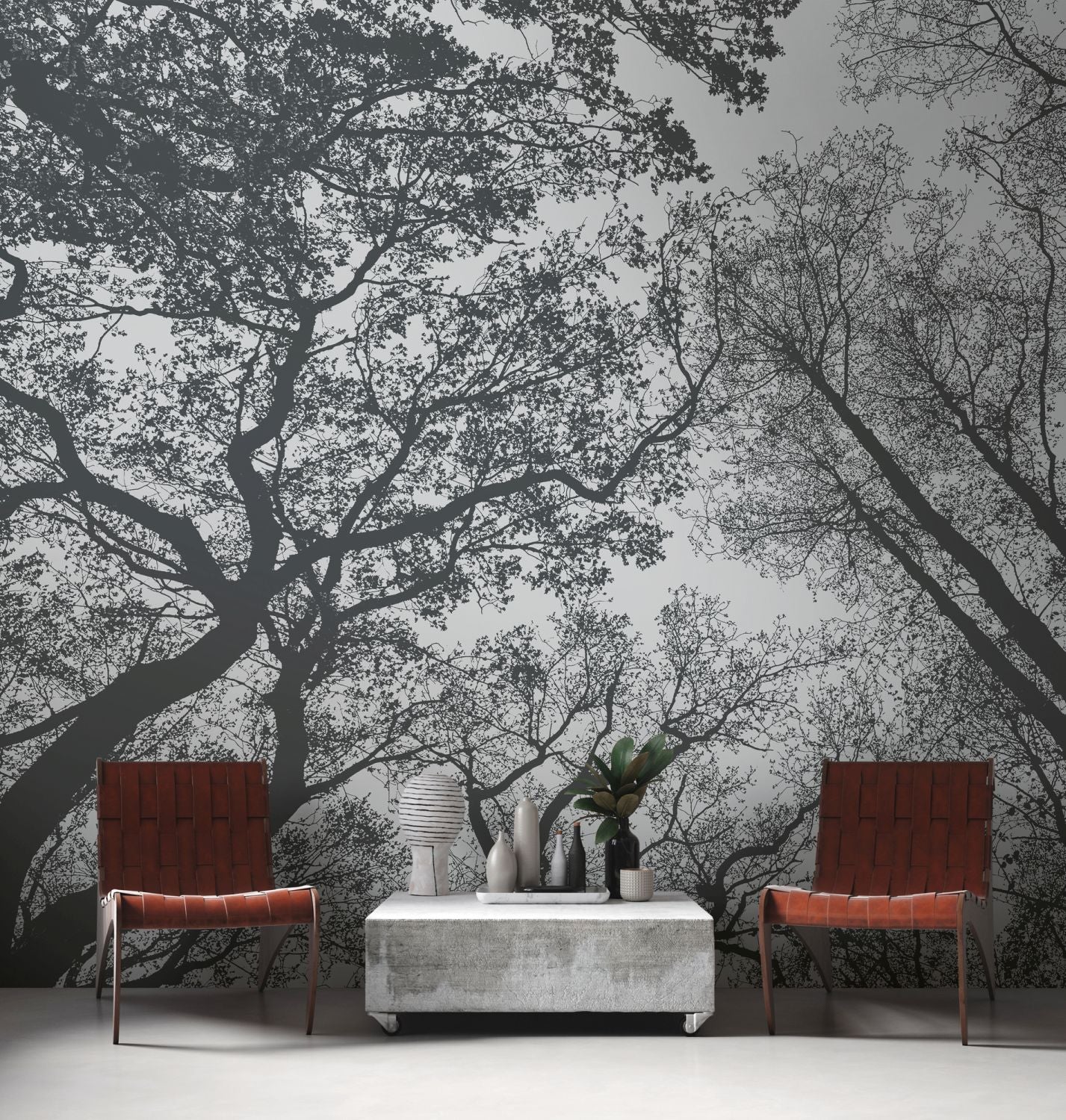 One Wall one Role fotobehang bosrijk landschap grijs en zwart - 371 x 280 cm - AS-382401