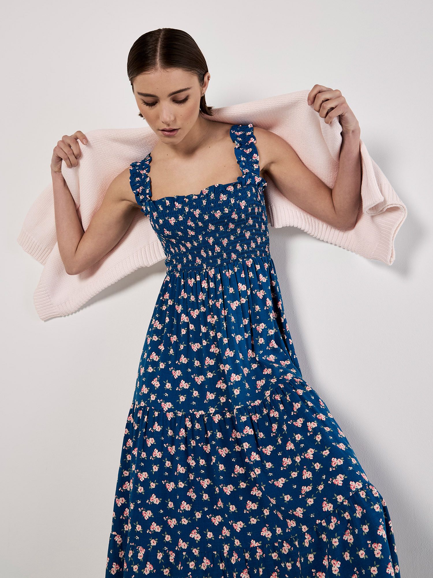 Apricot Ditsy Floral Smocked Midi Dress