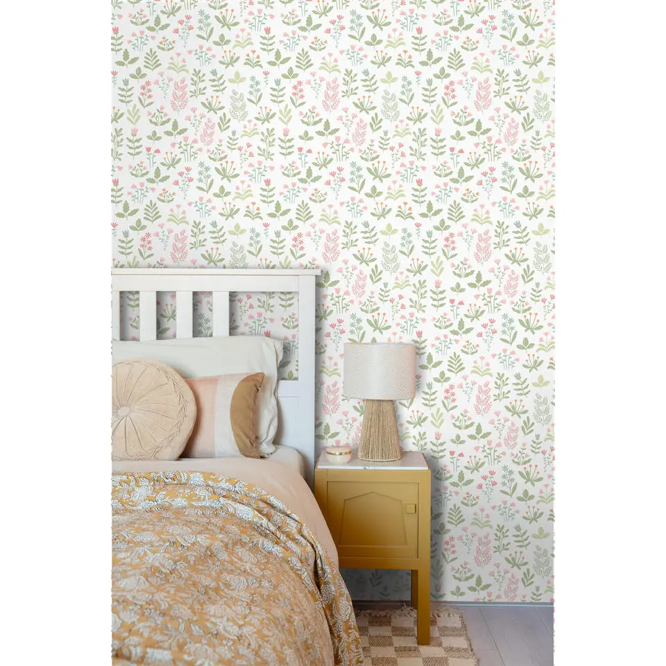 ESTAhome behang veldbloemen groen en roze - 50 x 900 cm