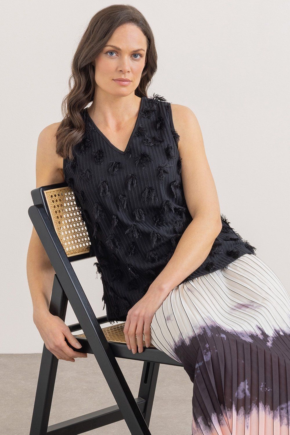 Klass. Sleeveless Striped Feather Detail Top
