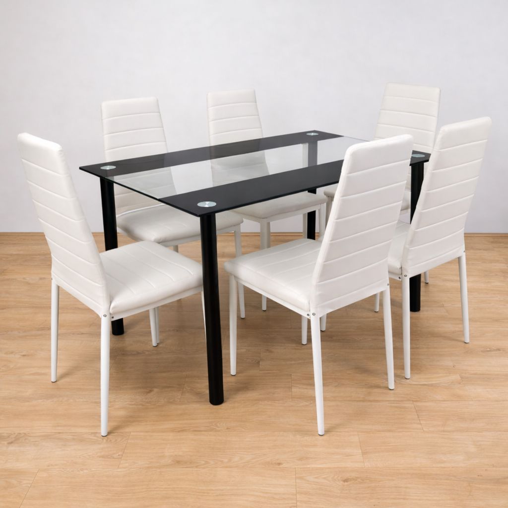 KOSY KOALA Black Clear Glass 4 Faux Leather padded White Chairs