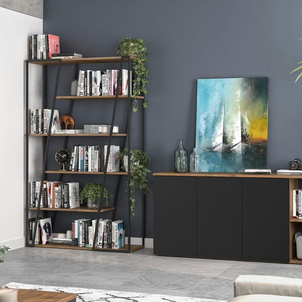 ALBI - Bibliothèque  placage noyer et métal noir