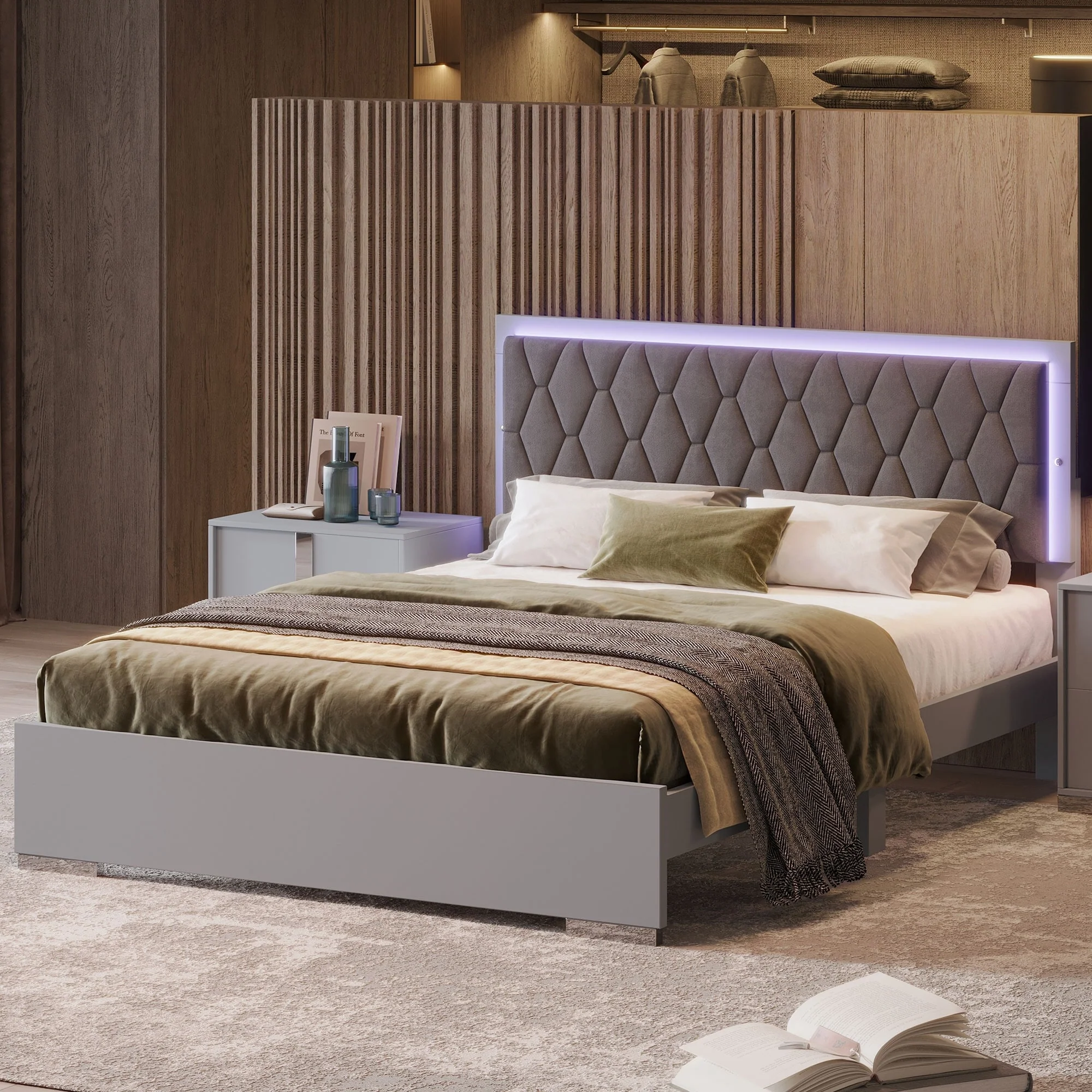 Elegant Queen Platform Bed with LED Lights, Velvet Headboard, and Sturdy Frame