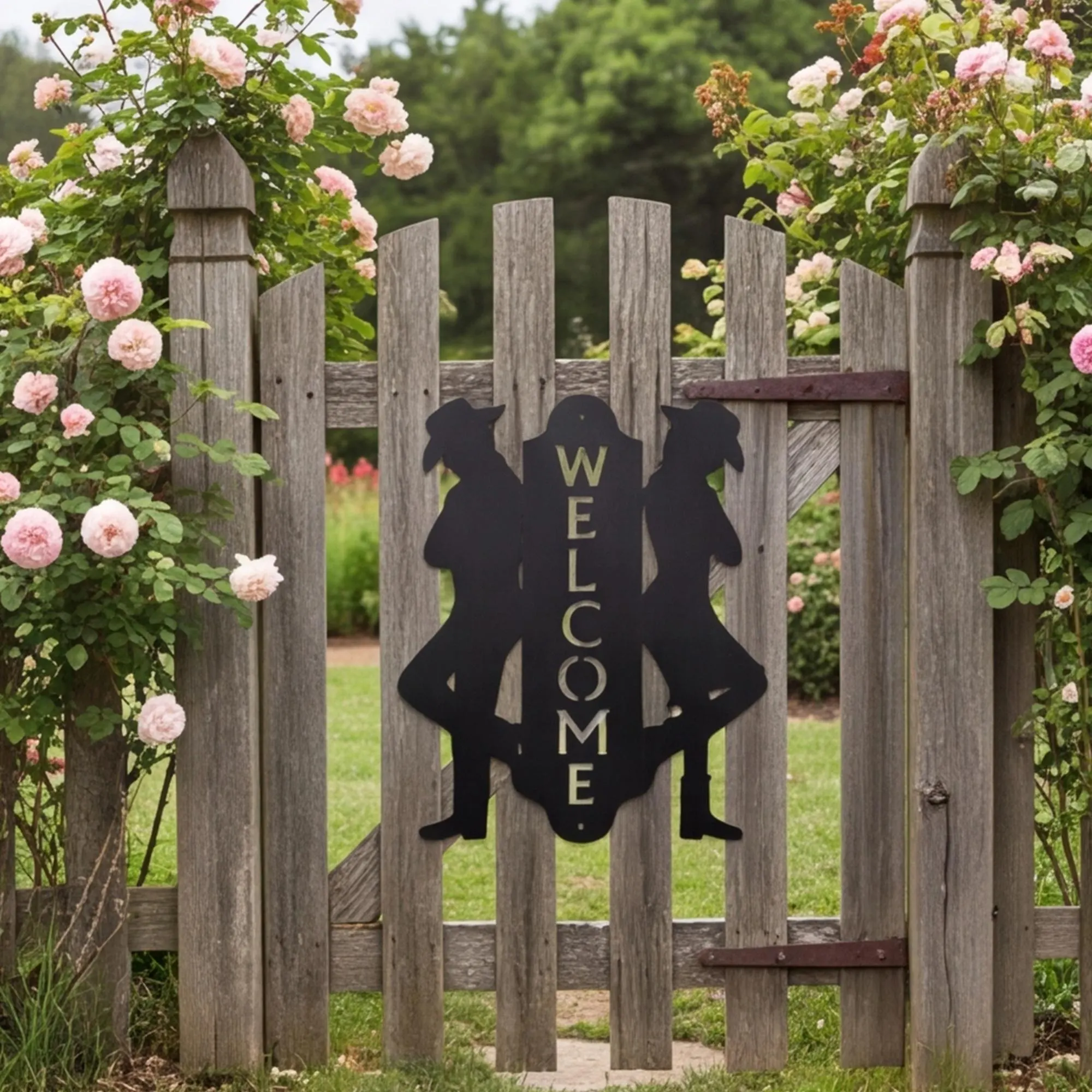 Leaning Cowboy & Cowgirl Couple Country Western Welcome Sign, Metal Ranch Decor, black powder coat wall art, porch sign