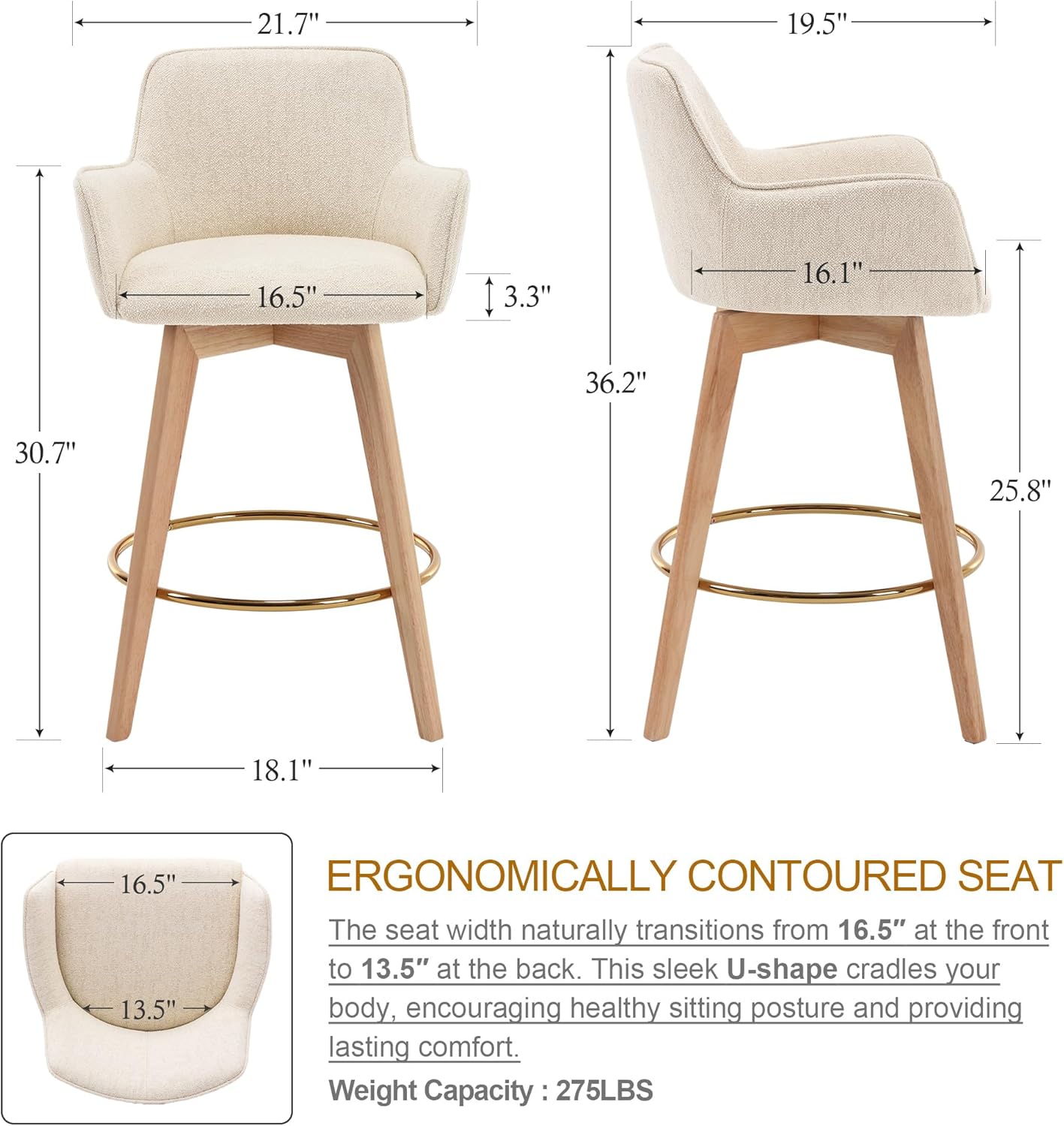 ONEVOG Modern 26 Counter Height Bar Stools Set of 4, Swivel Kitchen Island Tall Chairs with Back, Arm, Footrest and Solid Wood Legs, Linen Fabric Upholstered Farmhouse Barstools for Countertop, Beige