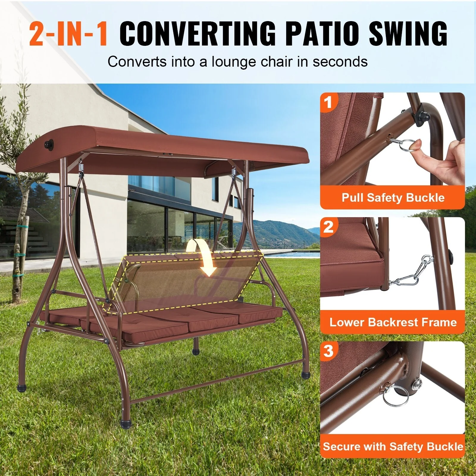 Steel 3-Seat Patio Swing with Adjustable Shade and Removable Cushions - Outdoor Convertible Canopy Swing (750lb Capacity)