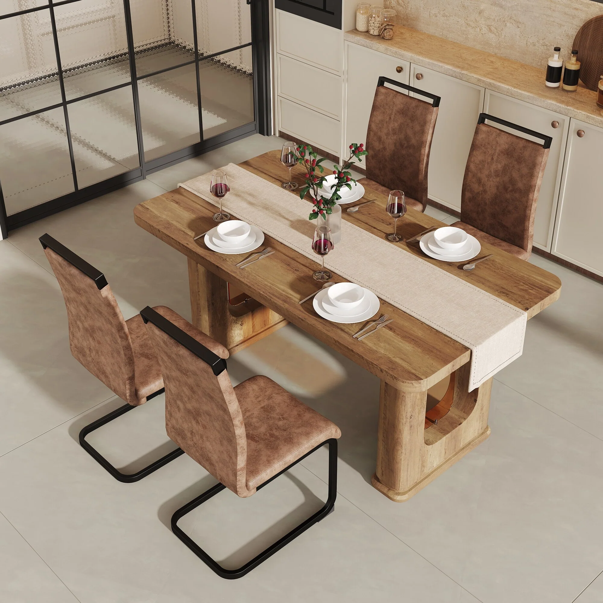 5-Piece Wood Textured Dining Table Set with U-shaped Table Legs, Chairs with Arched Black Legs, Curved Backrest