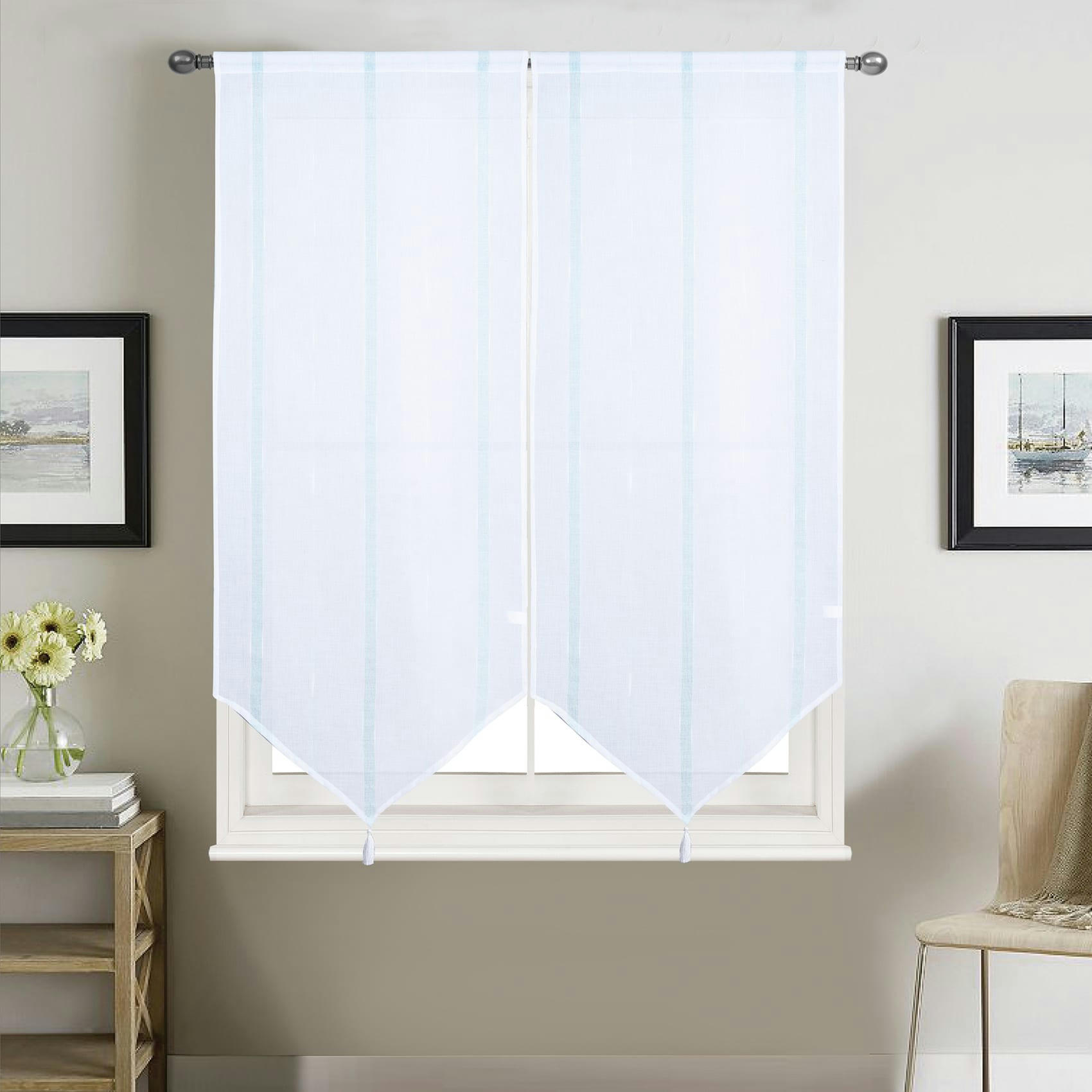 - Paire vitrages à bandes verticales brillantes polyester bleu 60x160 cm