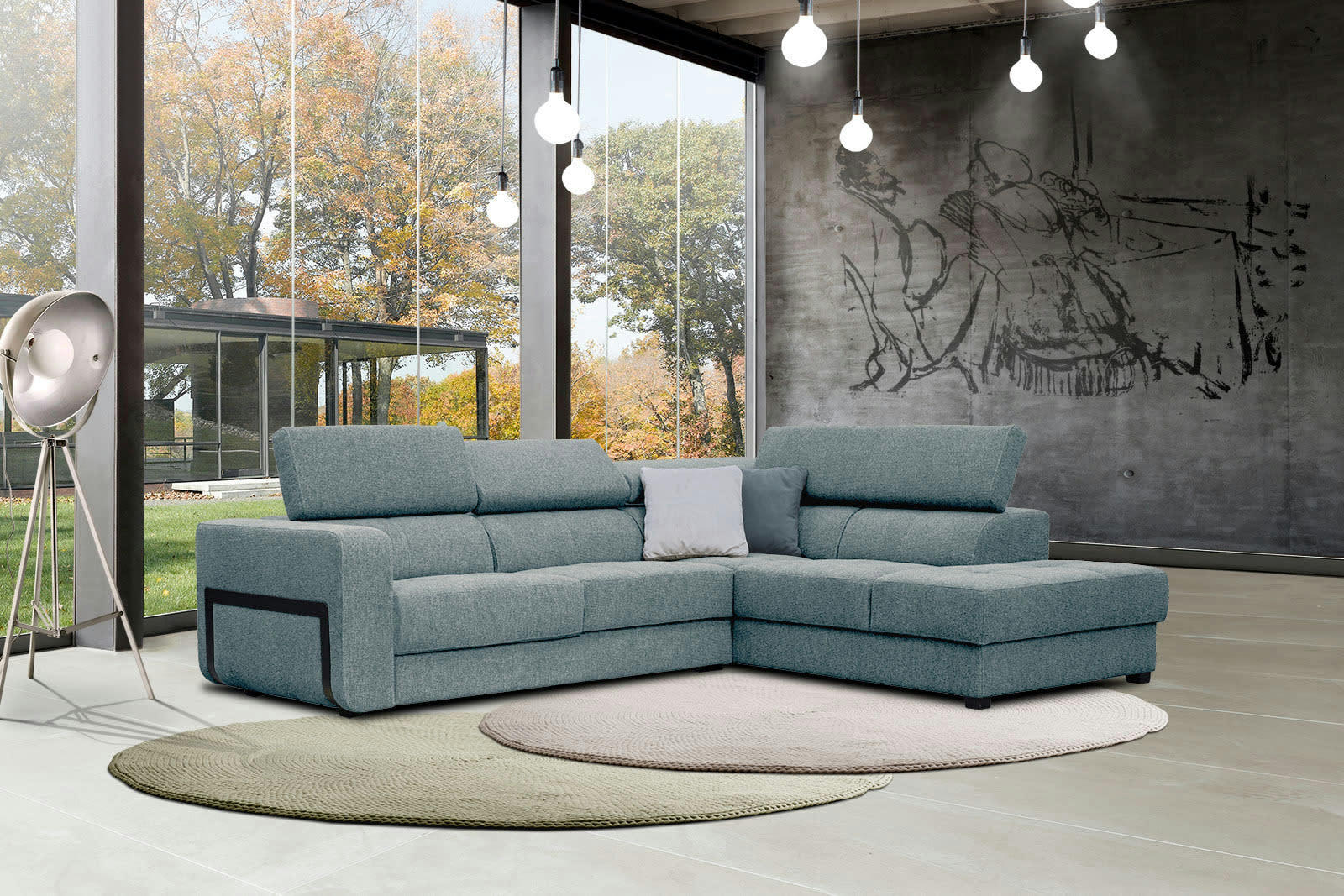 BERGO - Canapé d'angle droit 5 places en tissu bleu clair avec coussins déco