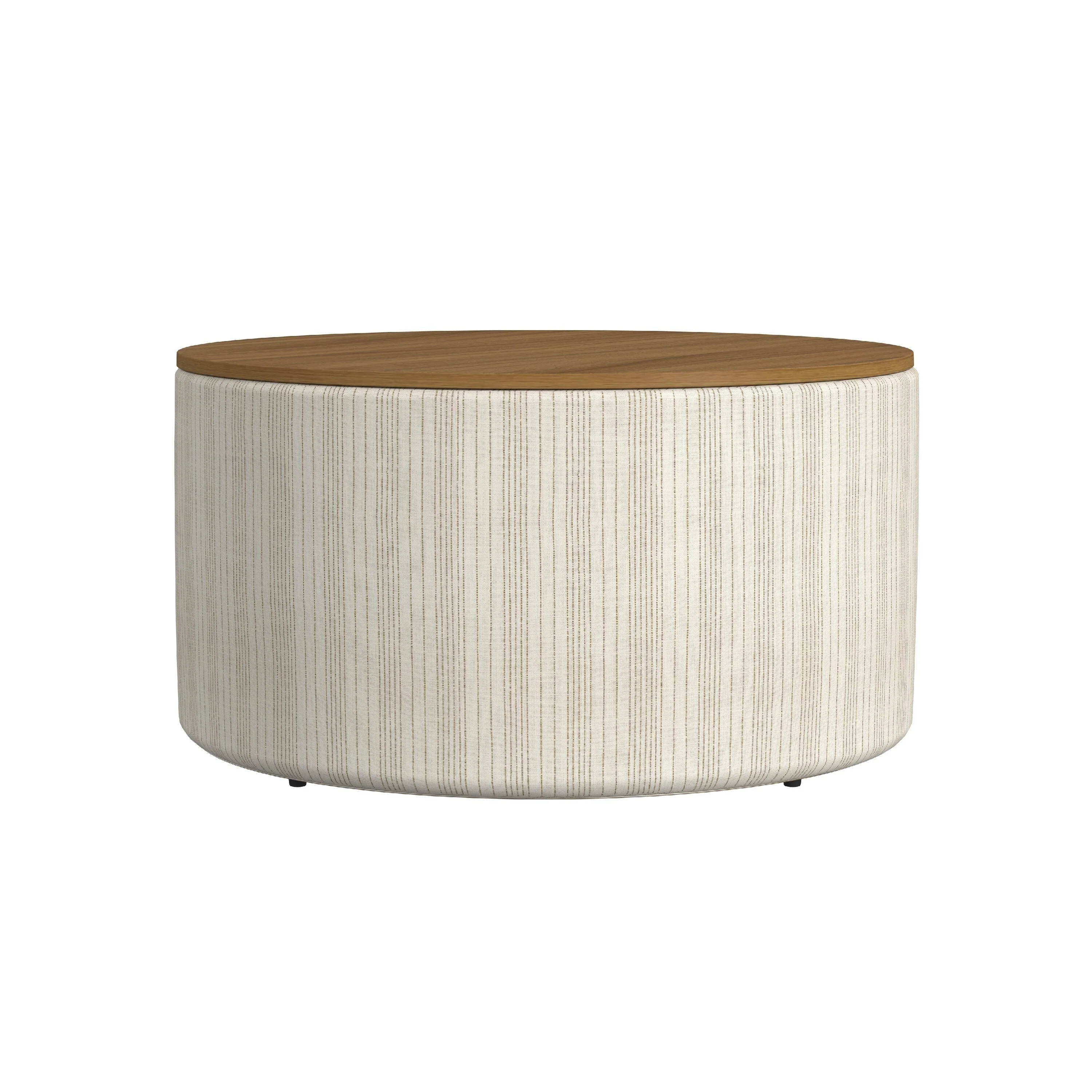 Jena Storage Ottoman, 30 Inch Round Lift Tray Top, Ivory Pinstripes