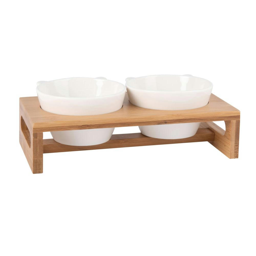 MIAOU MIAOU - Gamelles en porcelaine (x2) support en bambou