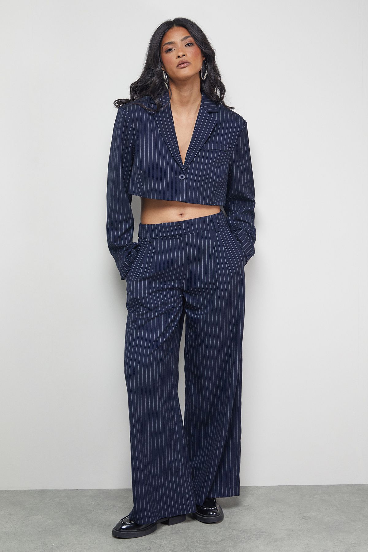 Warehouse Navy Pinstripe Cropped Blazer Co-ord