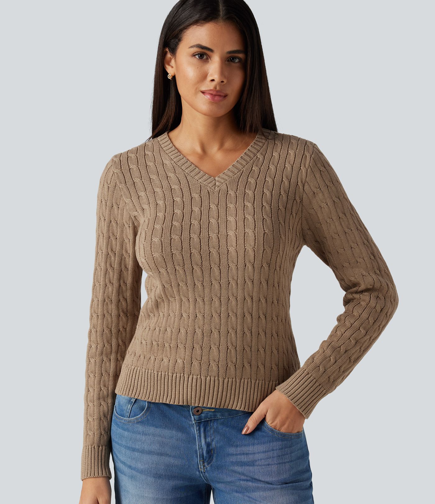 Pull de bureau en maille torsadée à encolure en V et manches longues