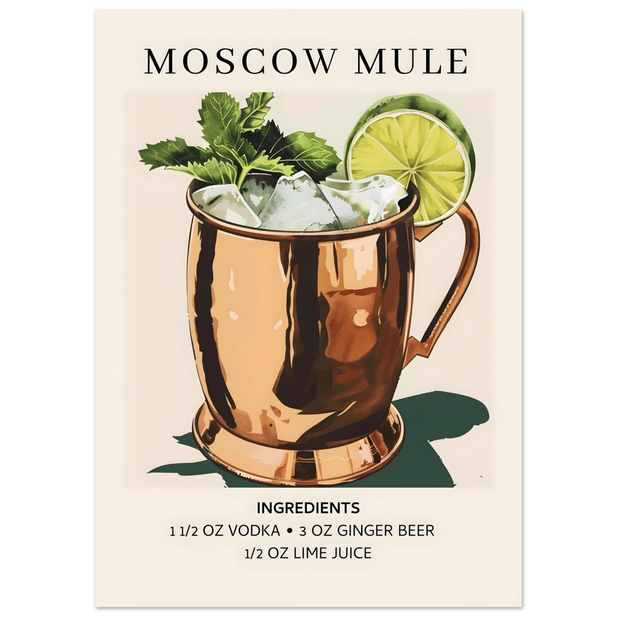 Artfulprints Poster Moscow Mule cocktail I - Ingrediënten  - 50x70 cm - Meerkleurig