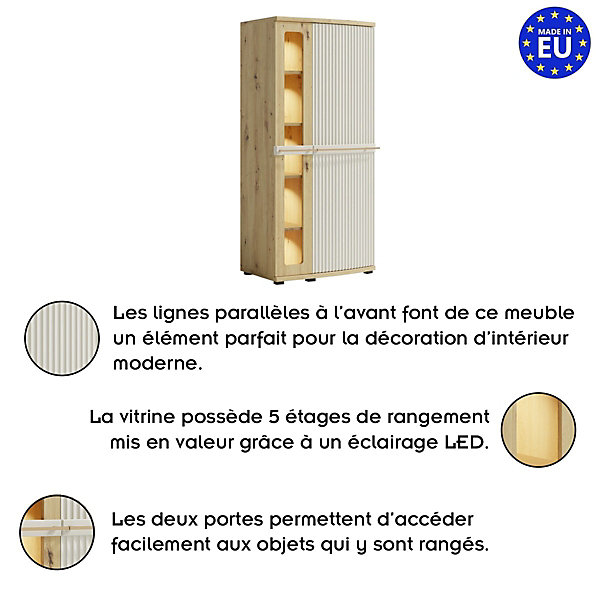 Armoire Vitrée Avec Led 5 étages 75x148 Cm Courbée à Relief En Bois Design Moderne épuré Blanc Cassé