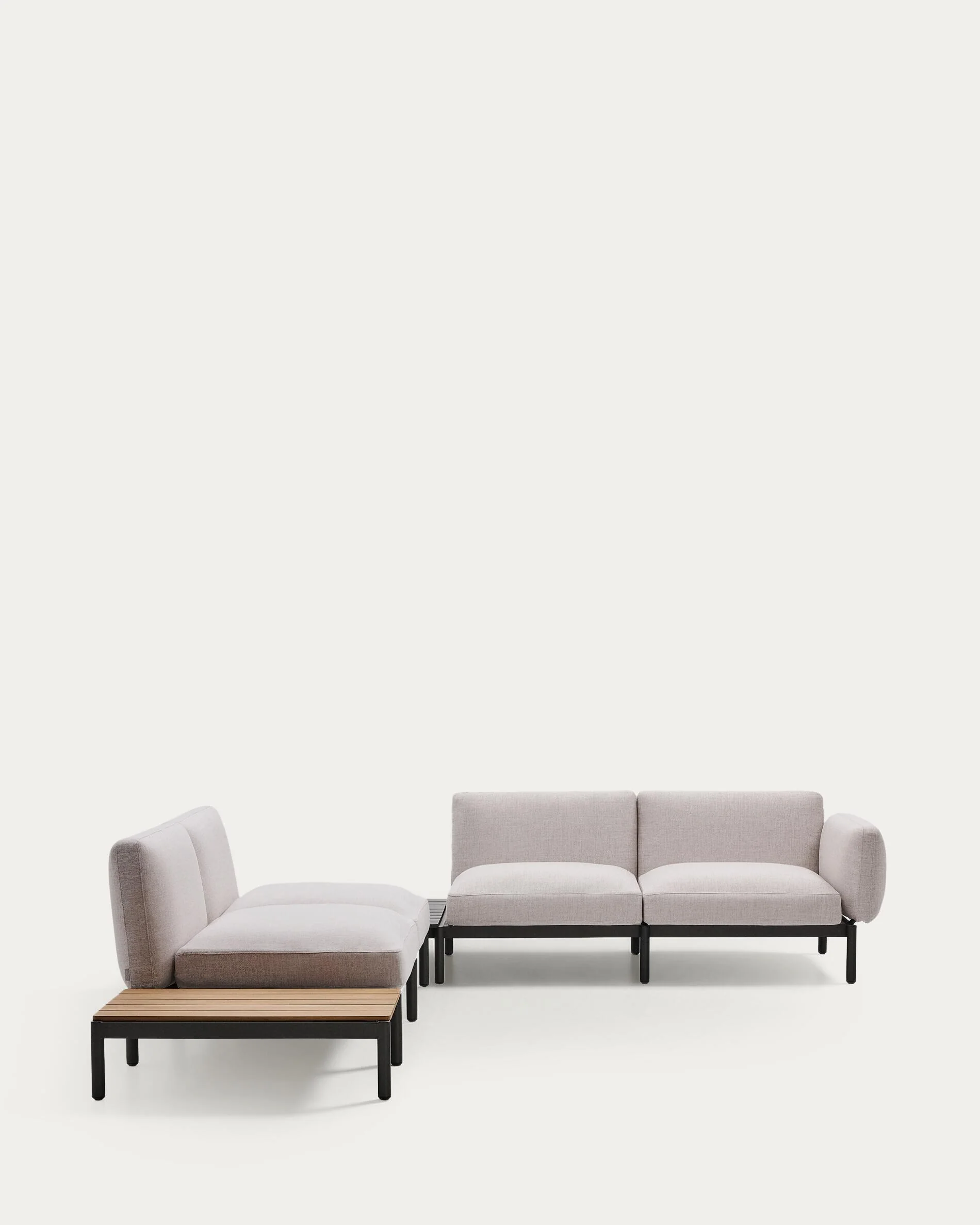 Sorells outdoor modular 4-seater corner sofa with beige upholstery and grey aluminium with teak table 353 x 316.5cm FSC 100%