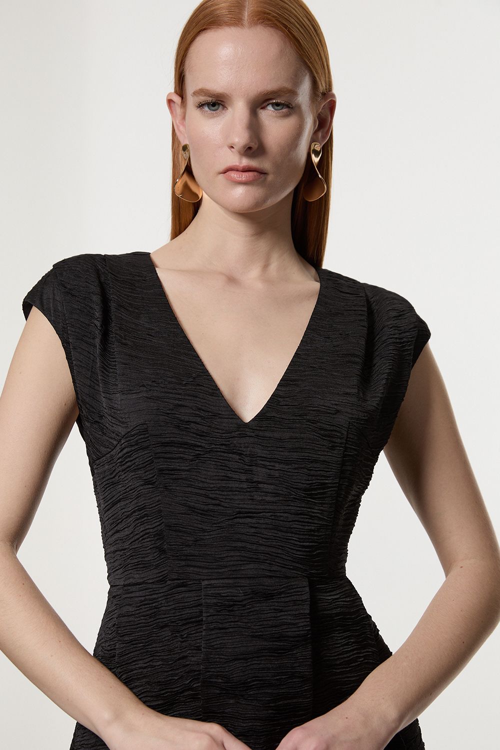 KarenMillen Crinkle Satin Pleated Sleeveless Full Skirt Tailored Midi Dress