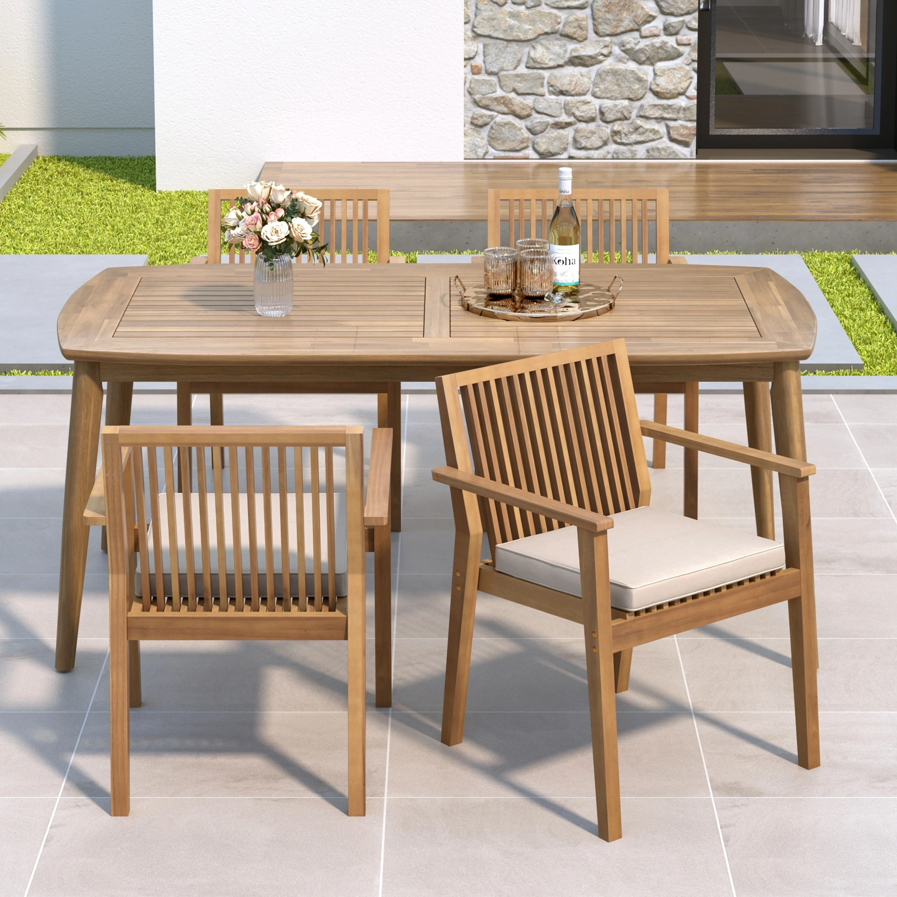 5-Piece Acacia Wood Outdoor Dining Set - 70.75 Table & 4 Chairs with Removable Cushions for Patio Garden