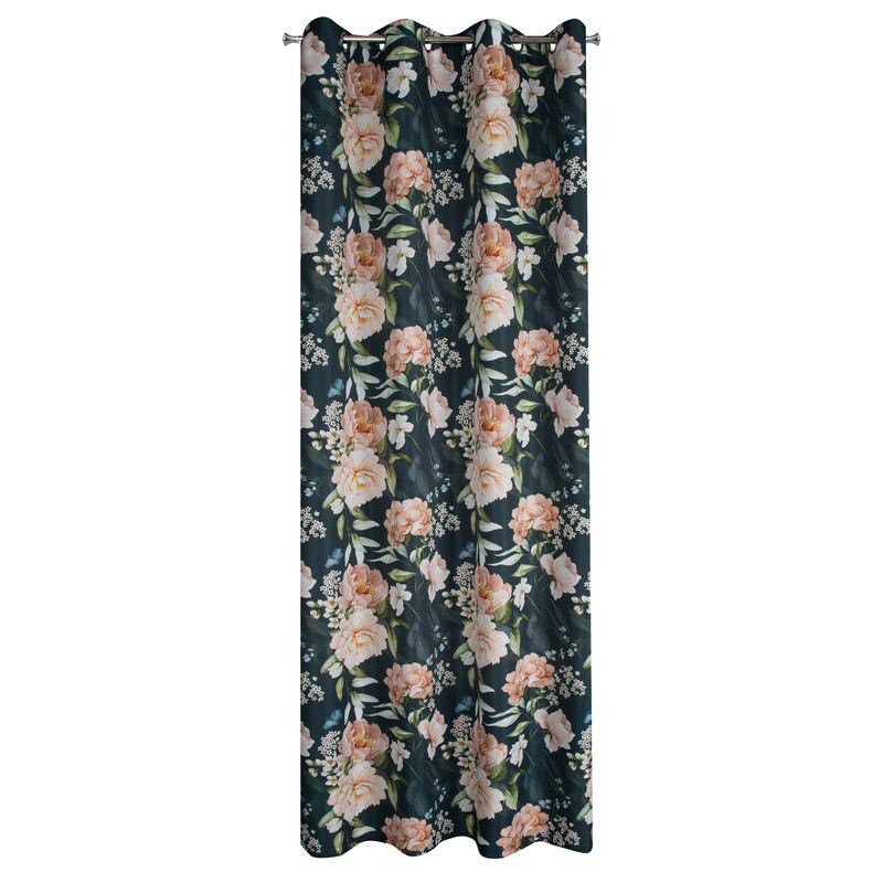 Zasłona na przelotkach z nadrukiem w kwiaty SALMA 140X270 czarna