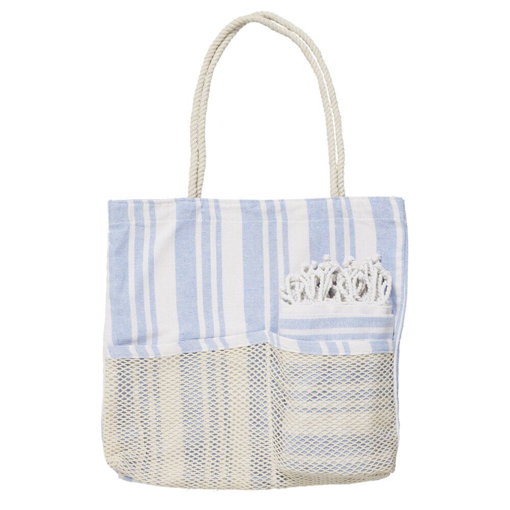 Sac de plage avec fouta à rayures 90x170cm (2 modèles bleu ou rose)