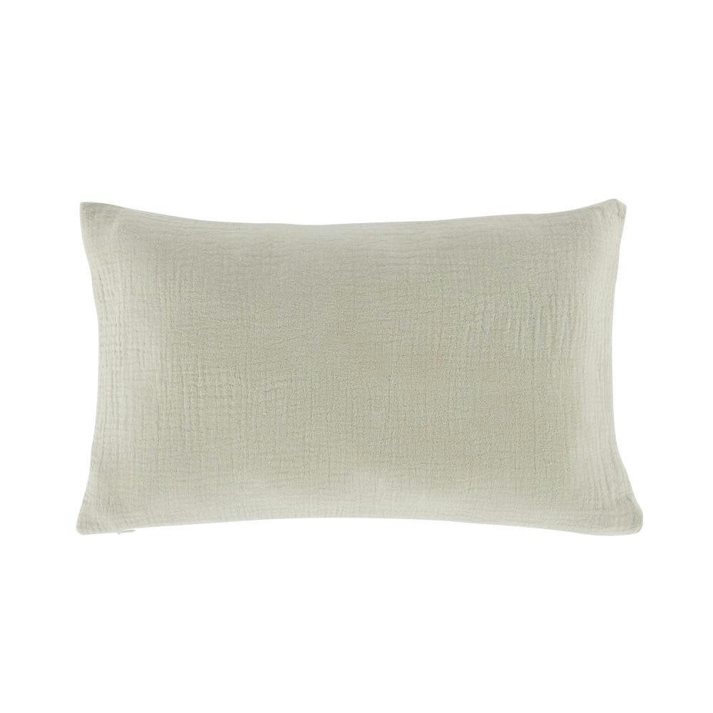 YUMA - Coussin en gaze de coton biologique vert avec dinosaure brodé marron 25x40