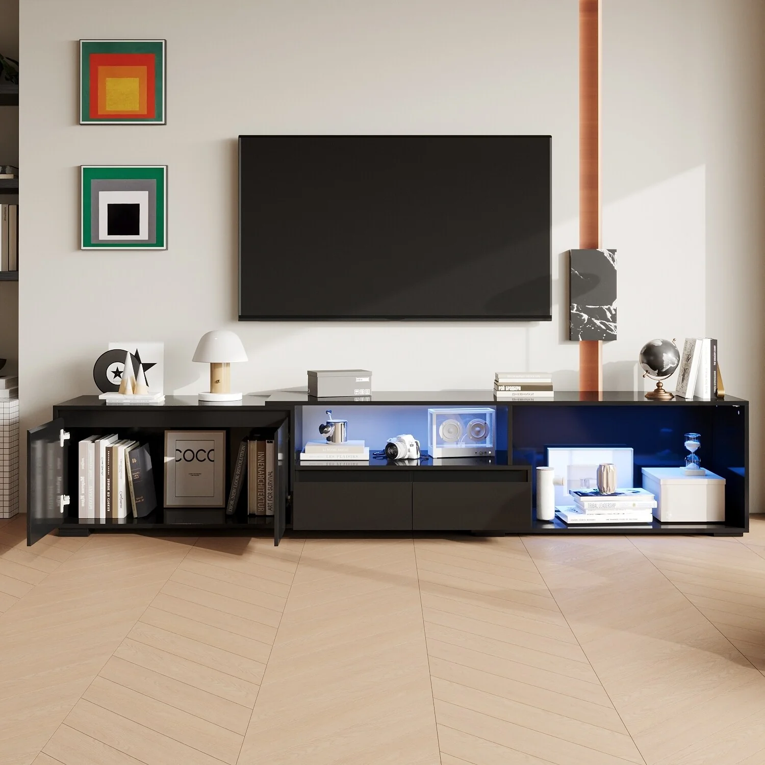 Modern Black TV Stand with LED Lighting and Expandable Open Area: Stylish, Customizable & Ultra - Practical