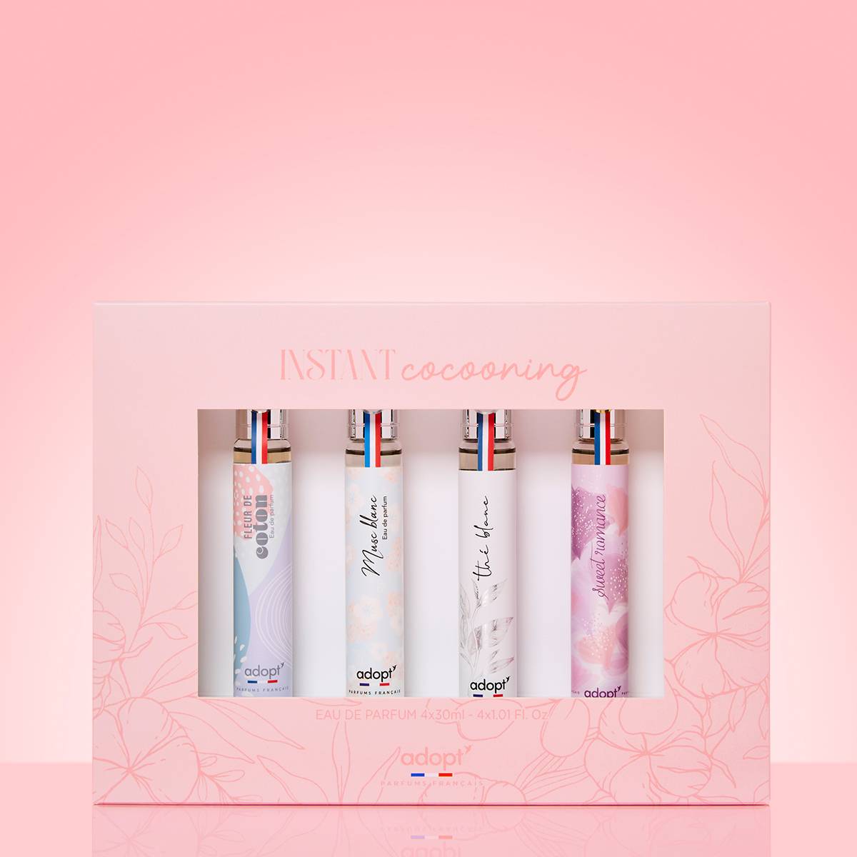 Instant CocooningCoffret 4 x eaux de parfum 30 ml Fleur de coton   Musc blanc   Thé blanc   Sweet romance