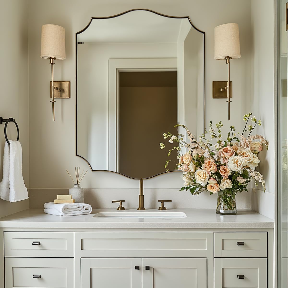 ANDY STAR 30x40 Brushed Gold Bathroom Mirror, Large Rectangle Scalloped Mirror, Antique Brass Mirror in Rust-Proof Stainless Steel 1 Frame, Unique Wavy Design, Ideal for Home Remodel
