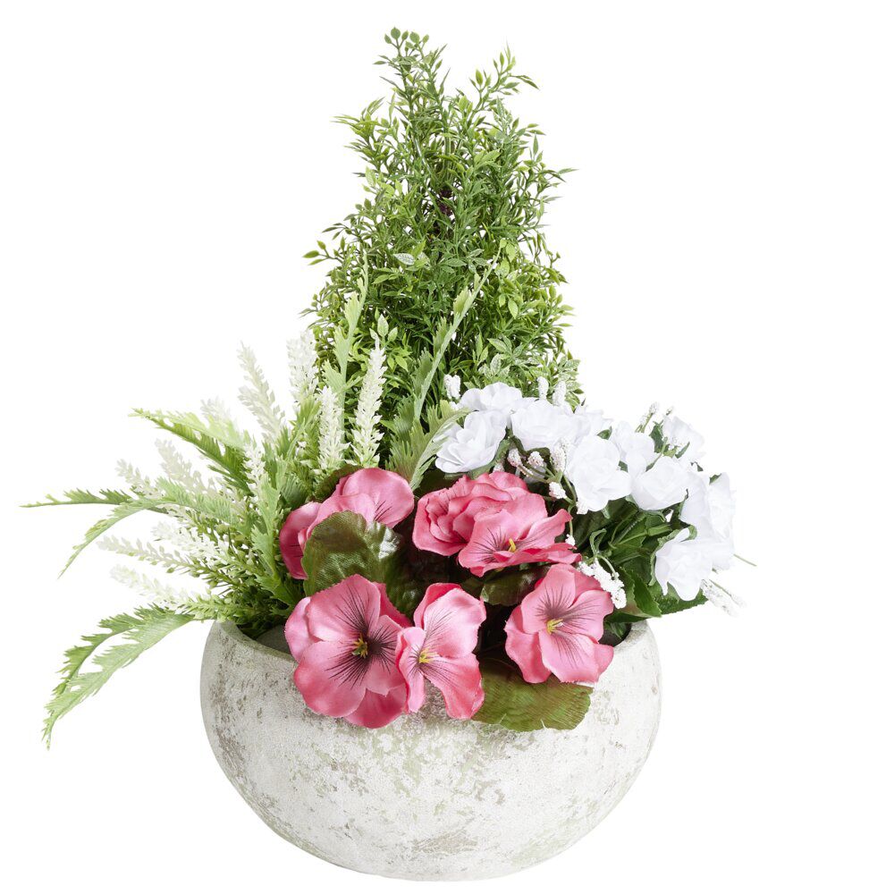 Vasque fleurs artificielles buis/boutons de roses/lys/pensées/bruyère Ø35xH36cm