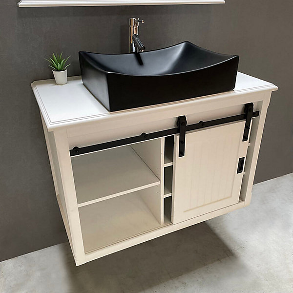Ensemble meuble salle de bain 93 cm blanc en bois et son miroir tablette - Authentica