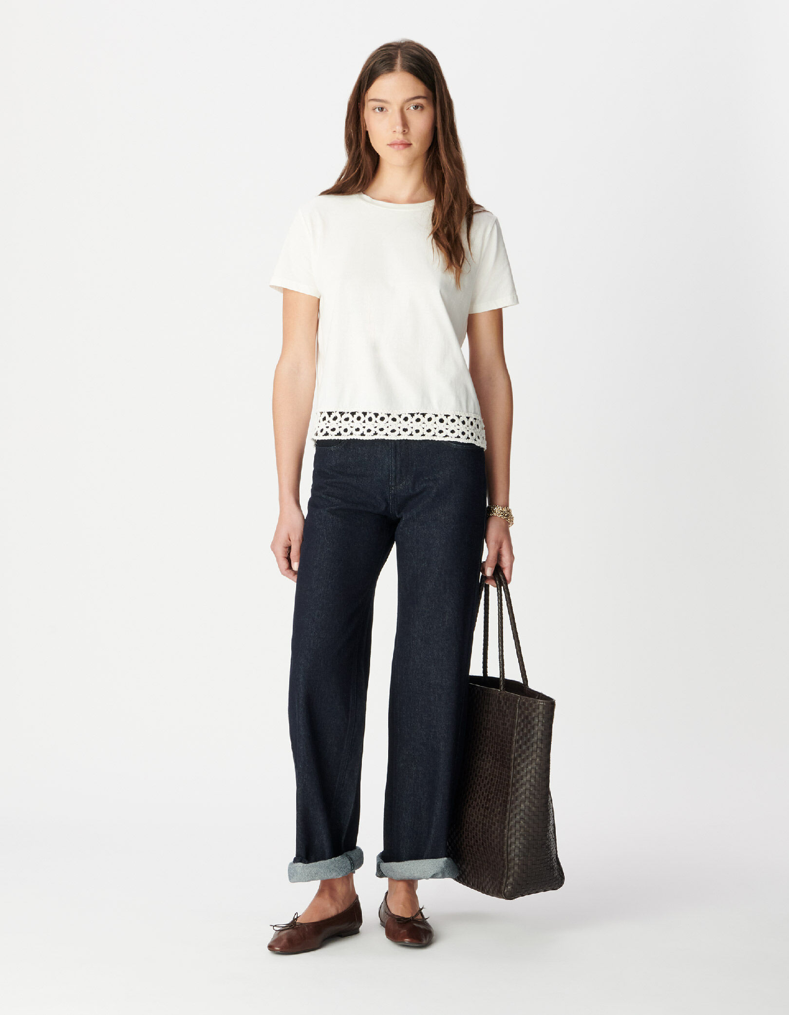 Tee-shirt col rond blanc détail crochet et sequins Femme