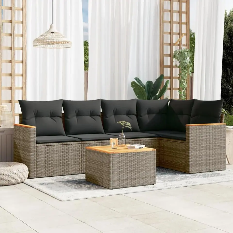 vidaXL 6-delige Loungeset voor 5 met kussens en armsteun - Grijs - Poly rattan