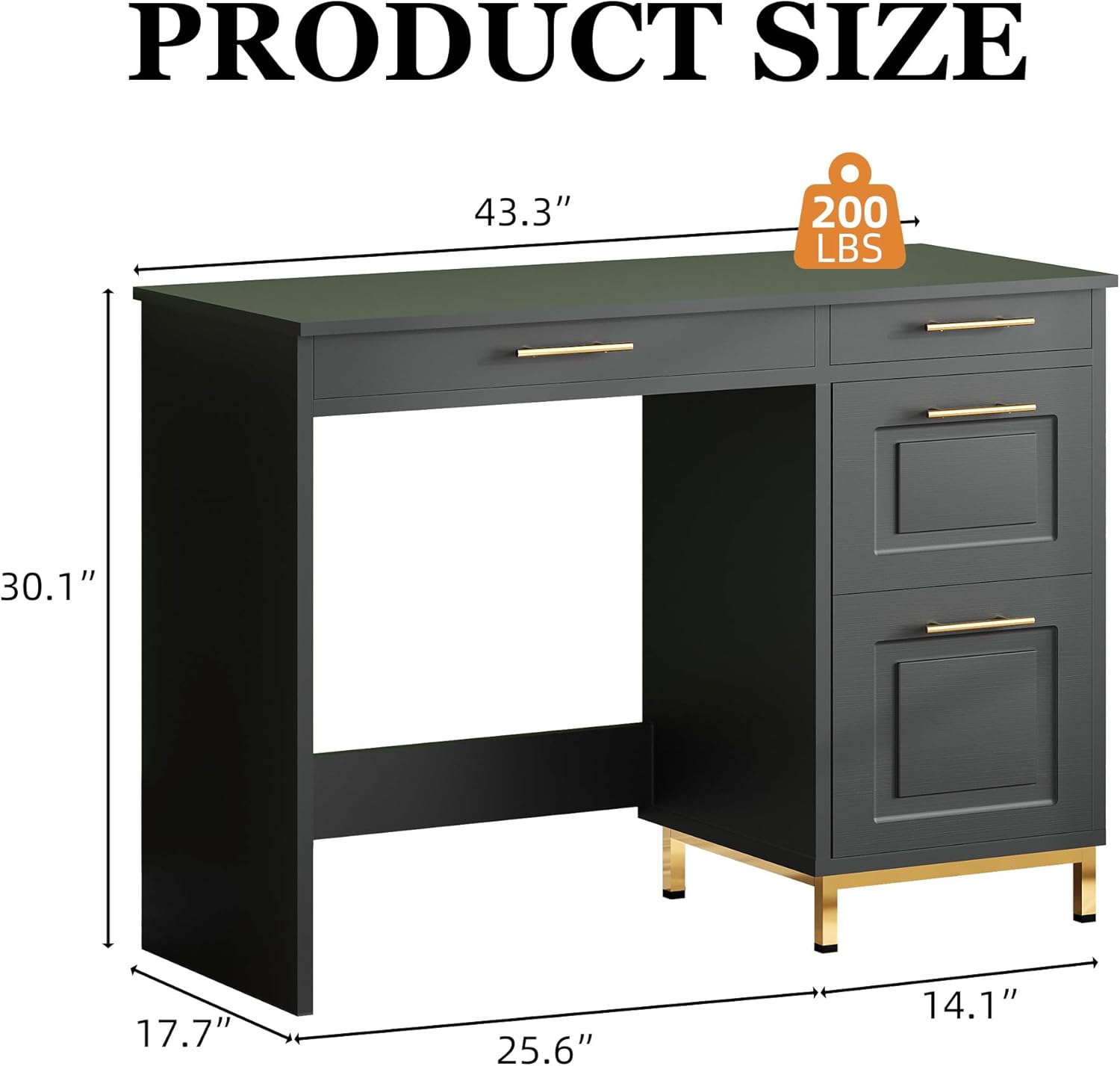 4 EVER WINNER Small Desk with Drawers, 43 Inch Wood Computer Desk with Storage and Golden Handle, Home Office Desk for Bedroom, Small Spaces, Black and Gold Desk