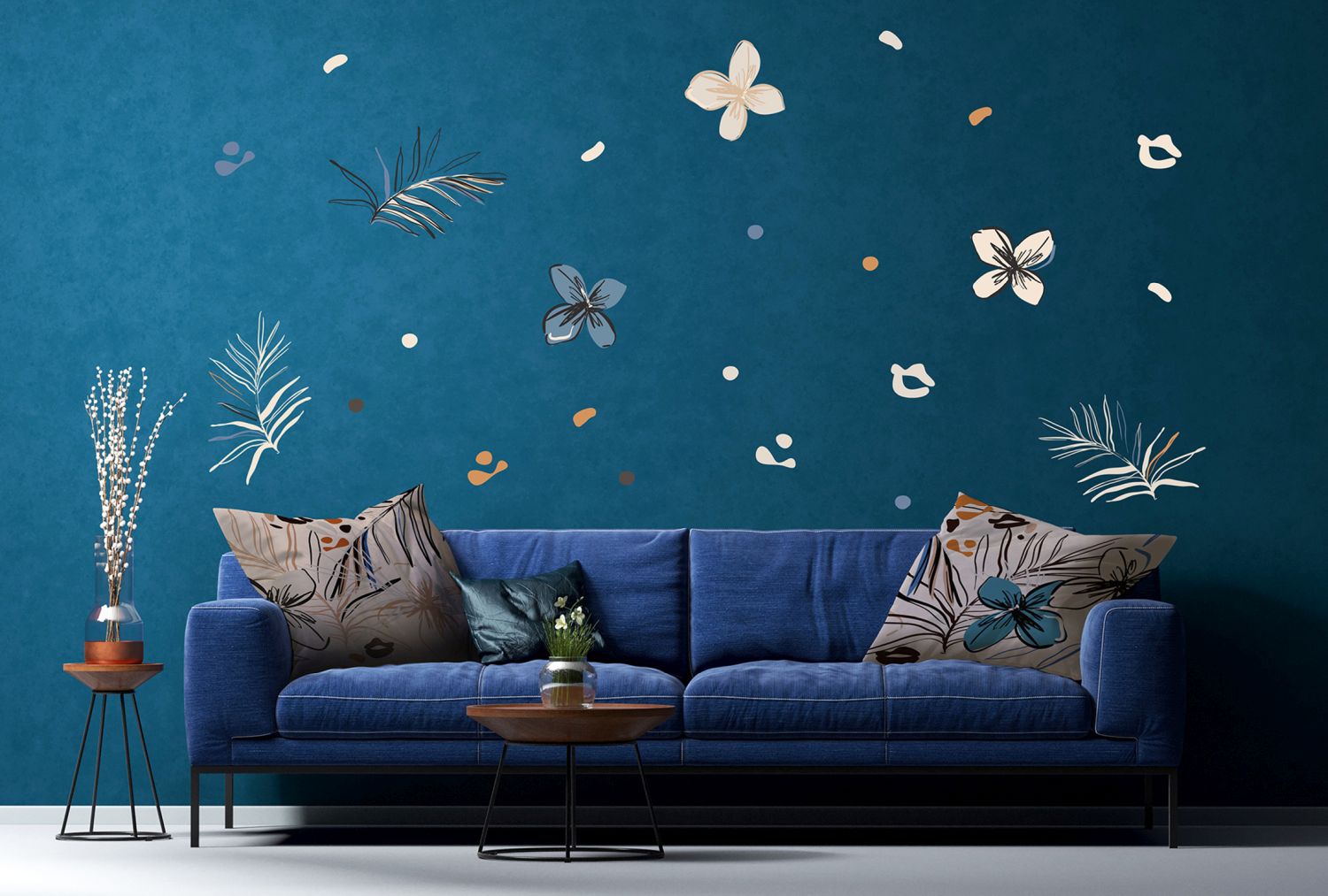 Sanders & Sanders muursticker bloemmotief beige, blauw en oranje - 85 x 65 cm - 601352