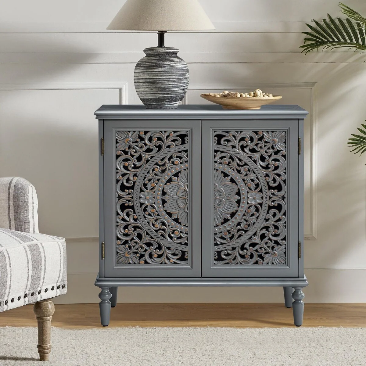 Ismenides Multifunctional 32 Tall 2-Door Accent Cabinet with Floral Design and Solid Wood Legs by HULALA HOME