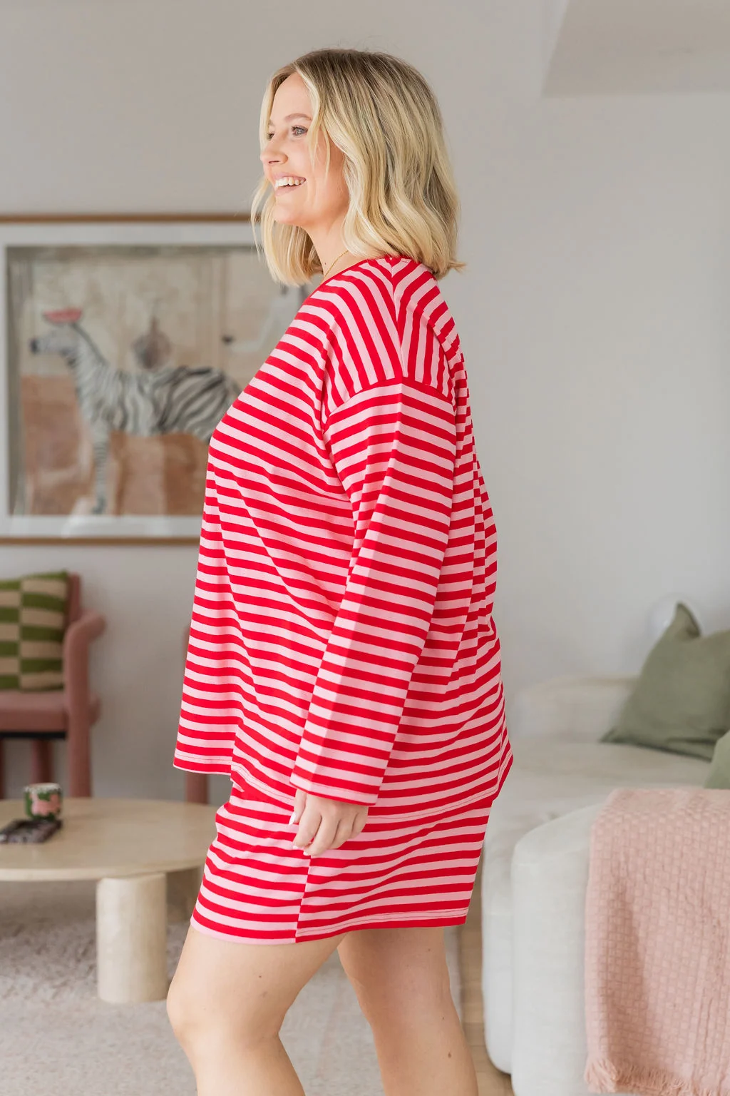 Long Sleeve Boxy Tee in Pink/Red Stripes