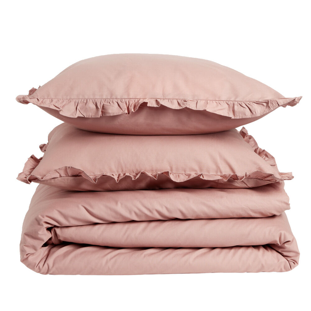 Parure de lit 2 personnes 220x240cm rose uni avec volants
