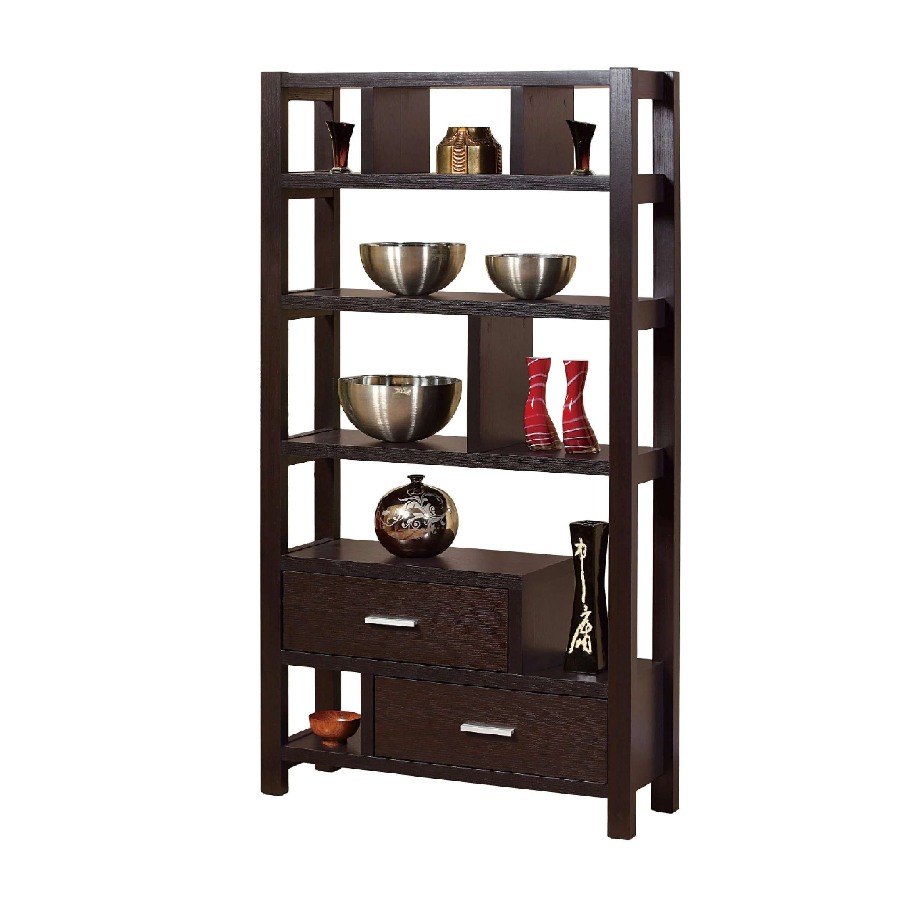 Display Cabinet with 5 Shelves, 2 Drawers, 63 Inch, Red Cocoa Brown