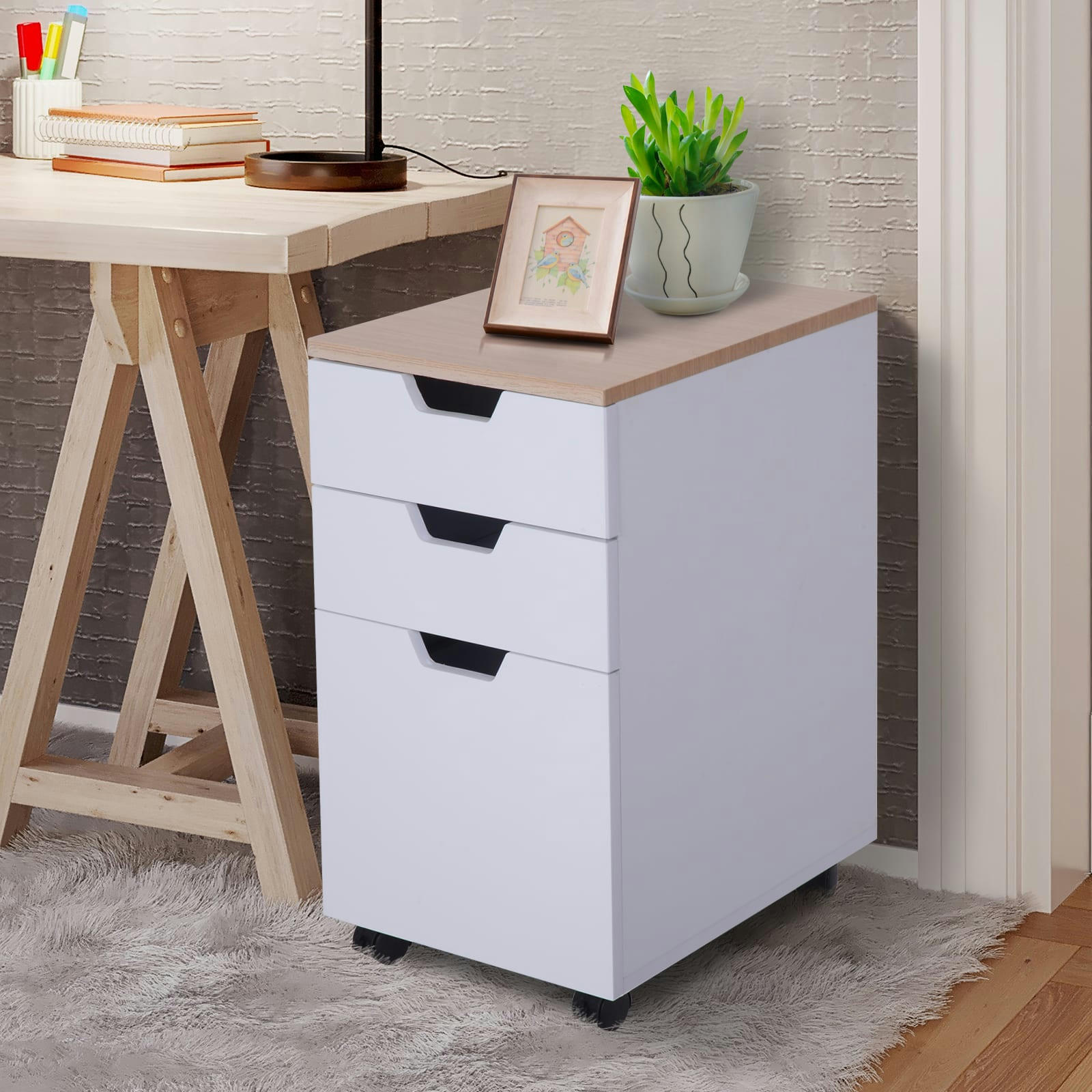 - Caisson de bureau roulettes 3 tiroirs coulissants blanc bois clair
