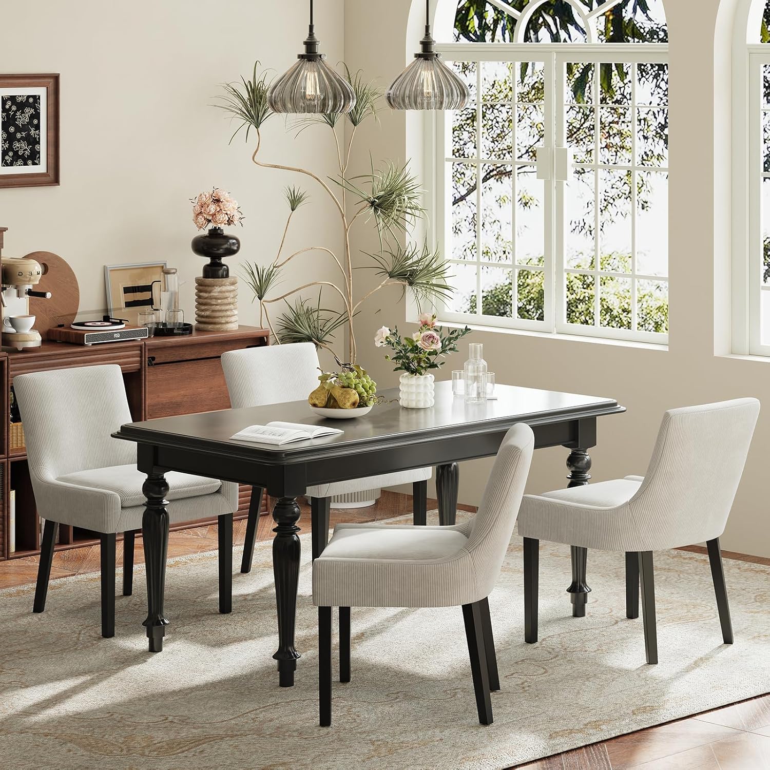Dining Chairs Set of 4, Upholstered Corduroy Dining Room Chair with Wood Legs, Mid-Back Padded Kitchen Side Chairs for Dining Room, Beige