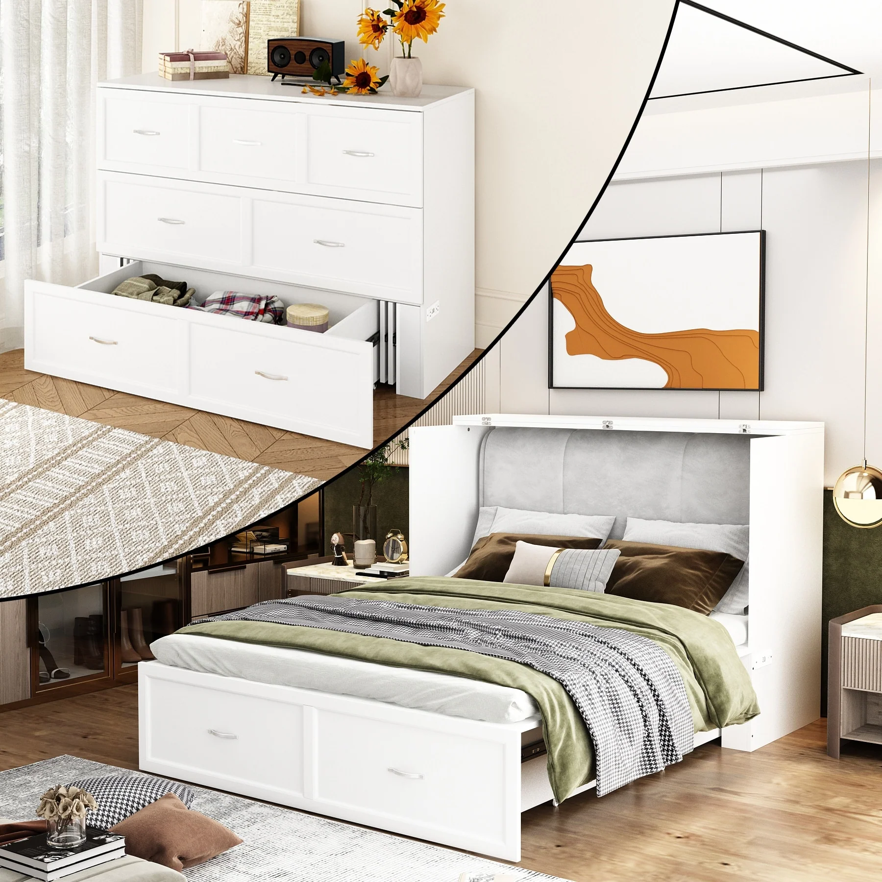 Full Size Murphy Bed Chest with Drawers For Home Office or Small Room