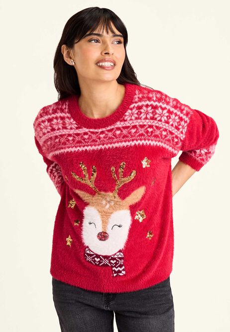 Womens Red Christmas Reindeer Family Jumper