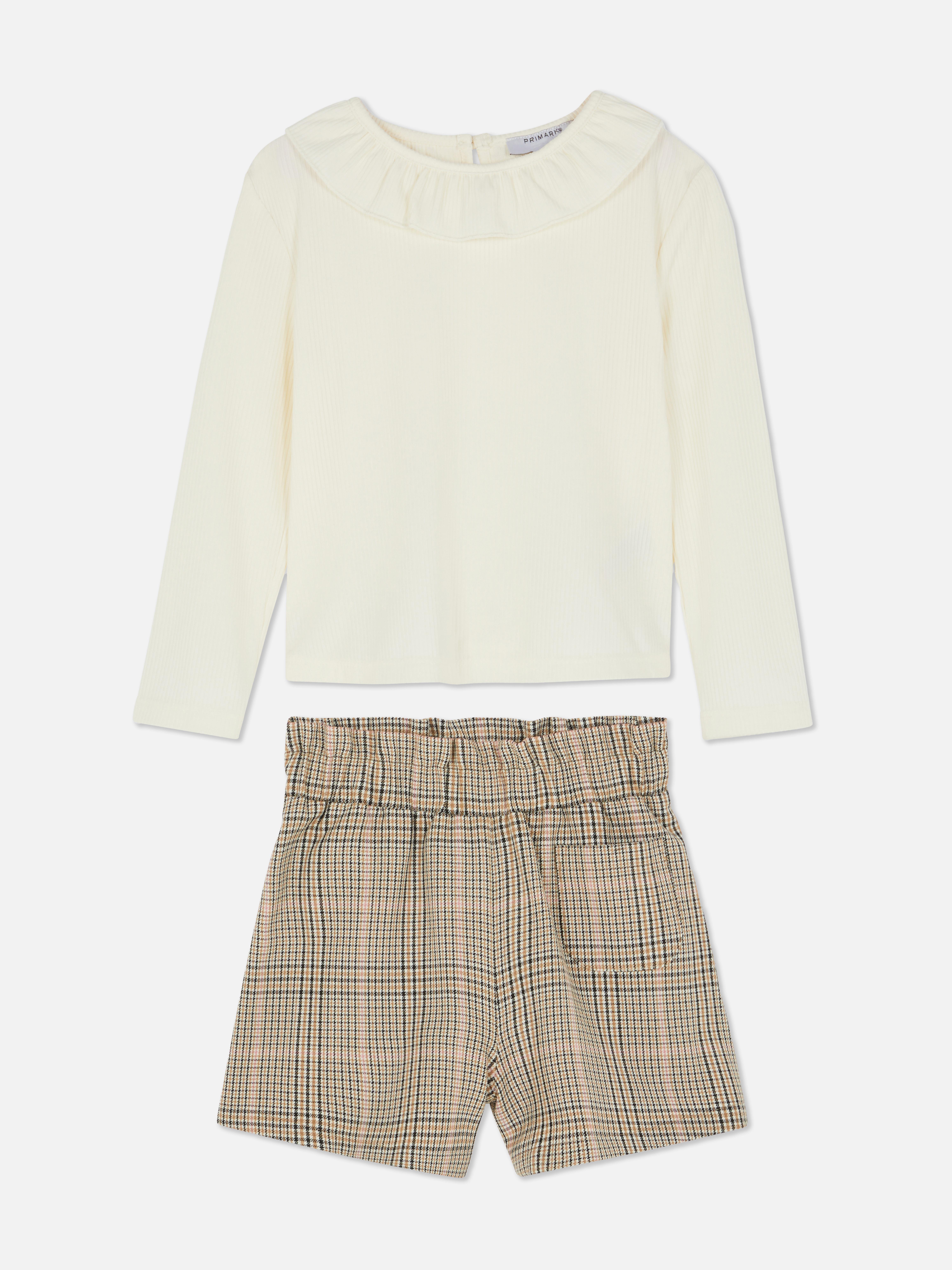 1.5-8yrs | Ruffle Collar Long-Sleeve T-Shirt and Herringbone Shorts Set