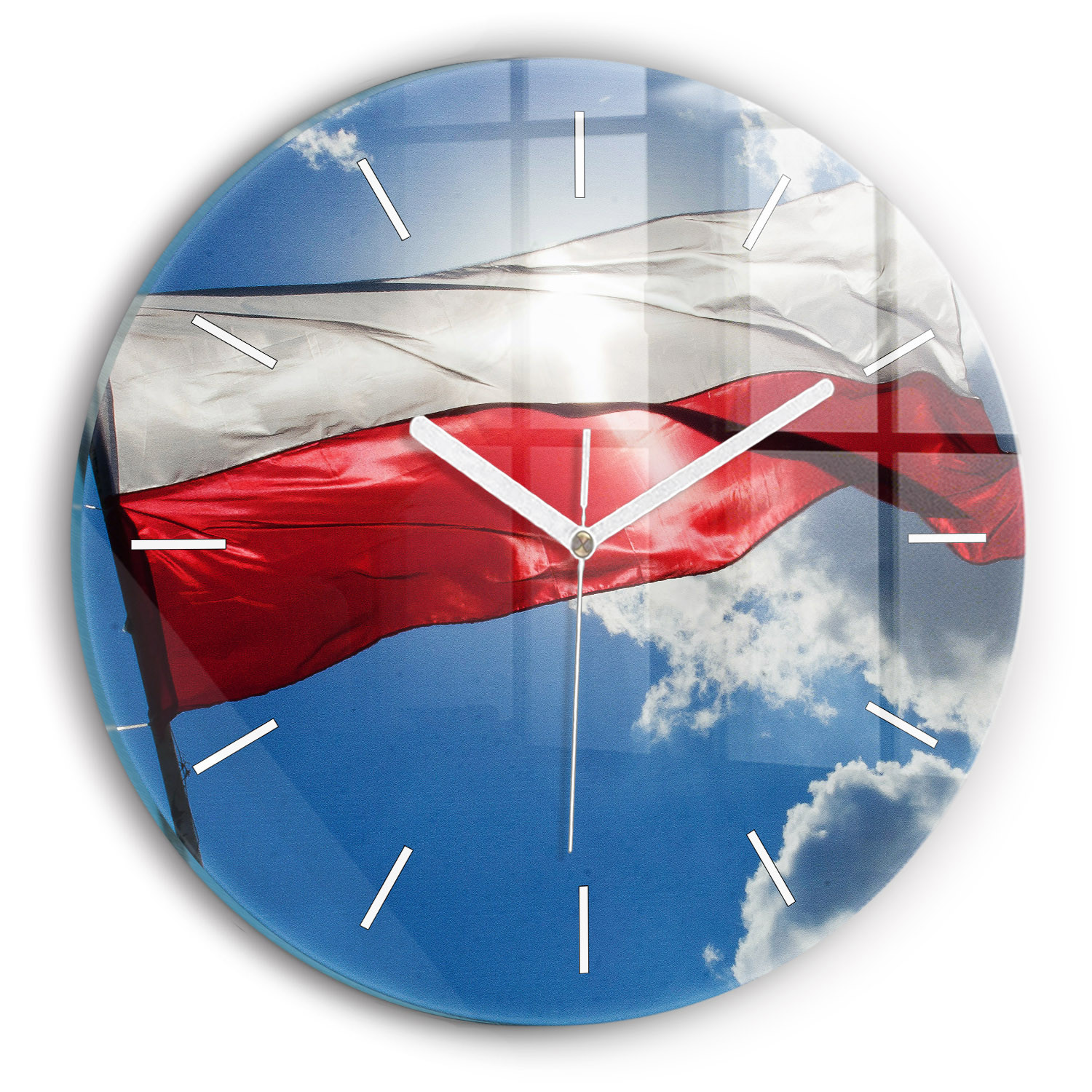 Zegar ścienny dekoracyjny cichy Flaga Polski na tle nieba