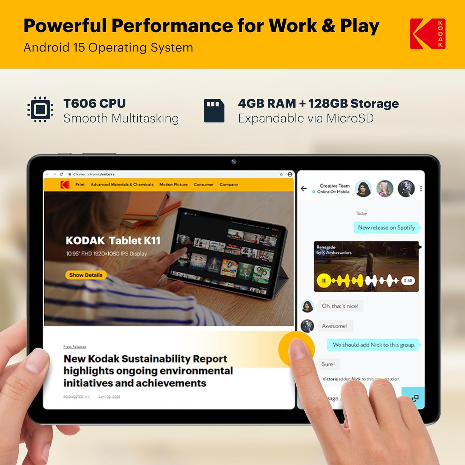 KODAK K11 Android 15 Tablet, 10.95 Inch FHD G+G Touchscreen, 12GB RAM 128GB Storage (1TB Expandable), 8000mAh Long Battery, Quad Speakers, 16MP Camera, Dual WiFi, GPS, for Work Entertainment Gaming